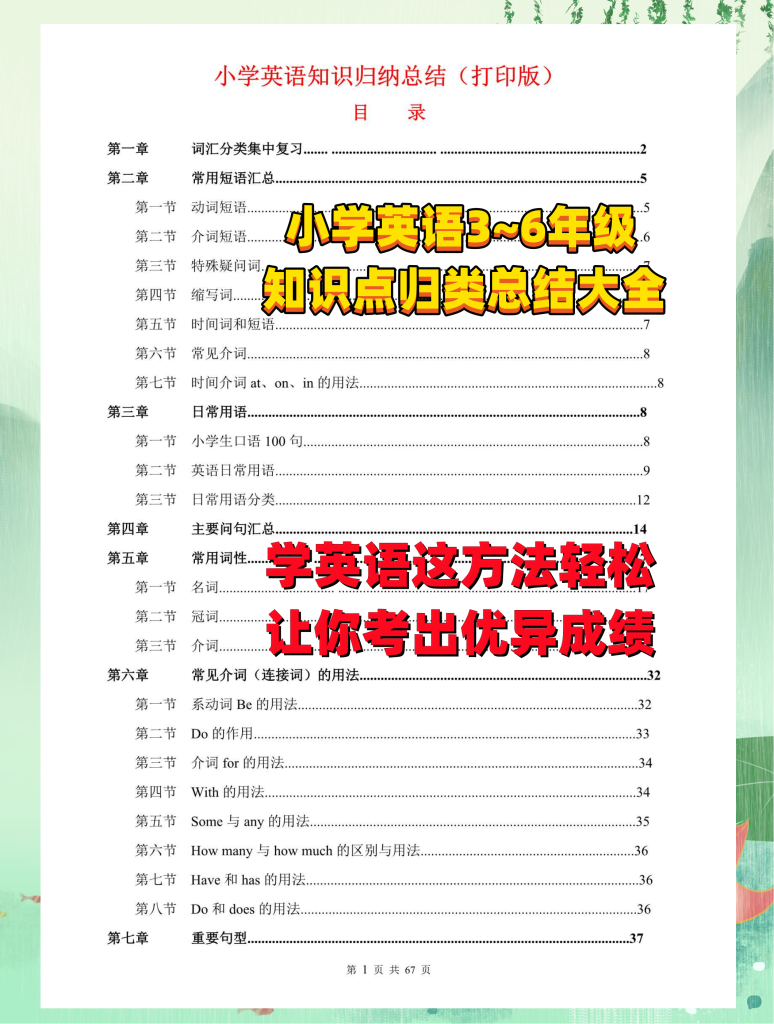 小学英语3~6年级知识归纳总结大全资料，让你孩子掌握学习英语轻松自如，英语考出好成绩！